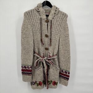 Newari Women's Gray Wool Hand Knit Cardigan Sweater Coat, S/M, Floral Embroidery